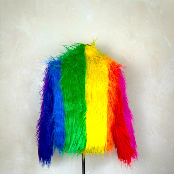 Dolls Kill Club Exx Live Out Loud Faux Fur Coat Pride jacket Size Small NWOT - Picture 2 of 5